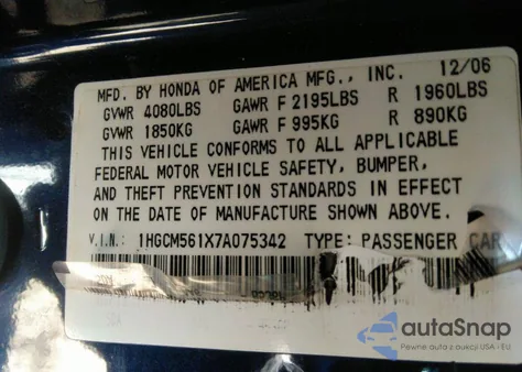 2007 Honda Accord 2.4 Vp из США, поврежденный, VIN 1HGCM561X7A075342